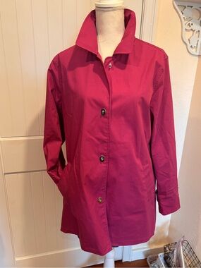 NWT-Dennis Basso Raspberry Pink Trench Coat Abstract Print Lining Size L